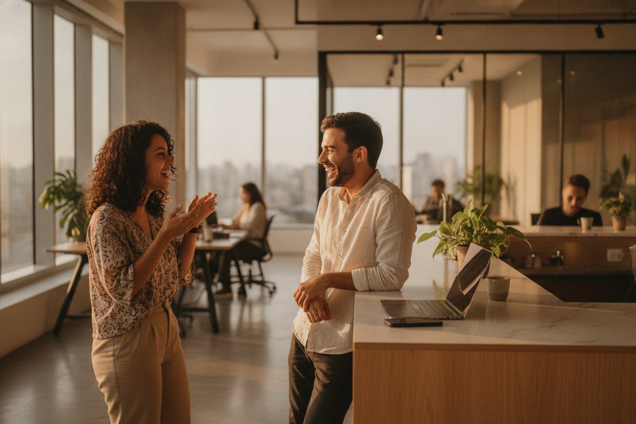 Jovens fundadores conversando em uma mesa de café
