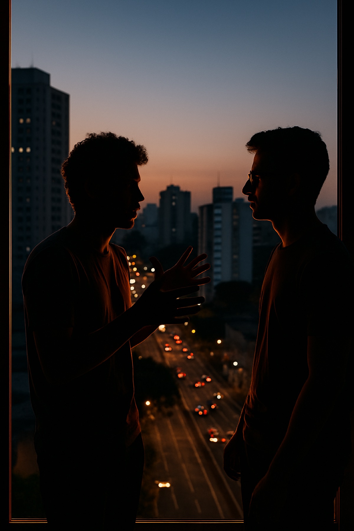 Duas pessoas em silhueta conversando em frente a uma janela ao entardecer