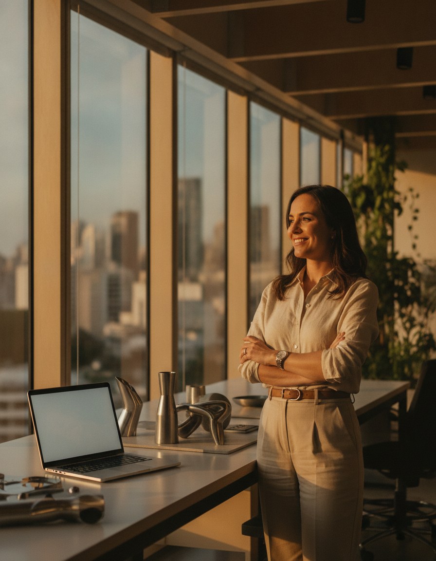 Uma empreendedora sorridente em seu estúdio moderno, com o horizonte de São Paulo ao fundo em luz dourada